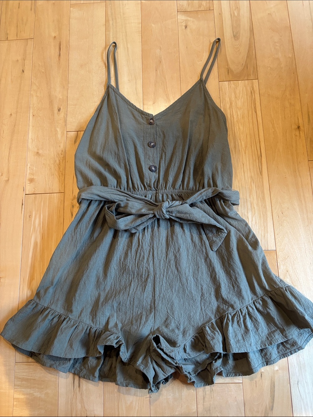 Olive Green Tie-Waist Ruffle Romper